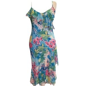 OCCO Paris Dress L Midi Floral Tiered Asymmetric Chiffon Sleeveless Y2K Cottage